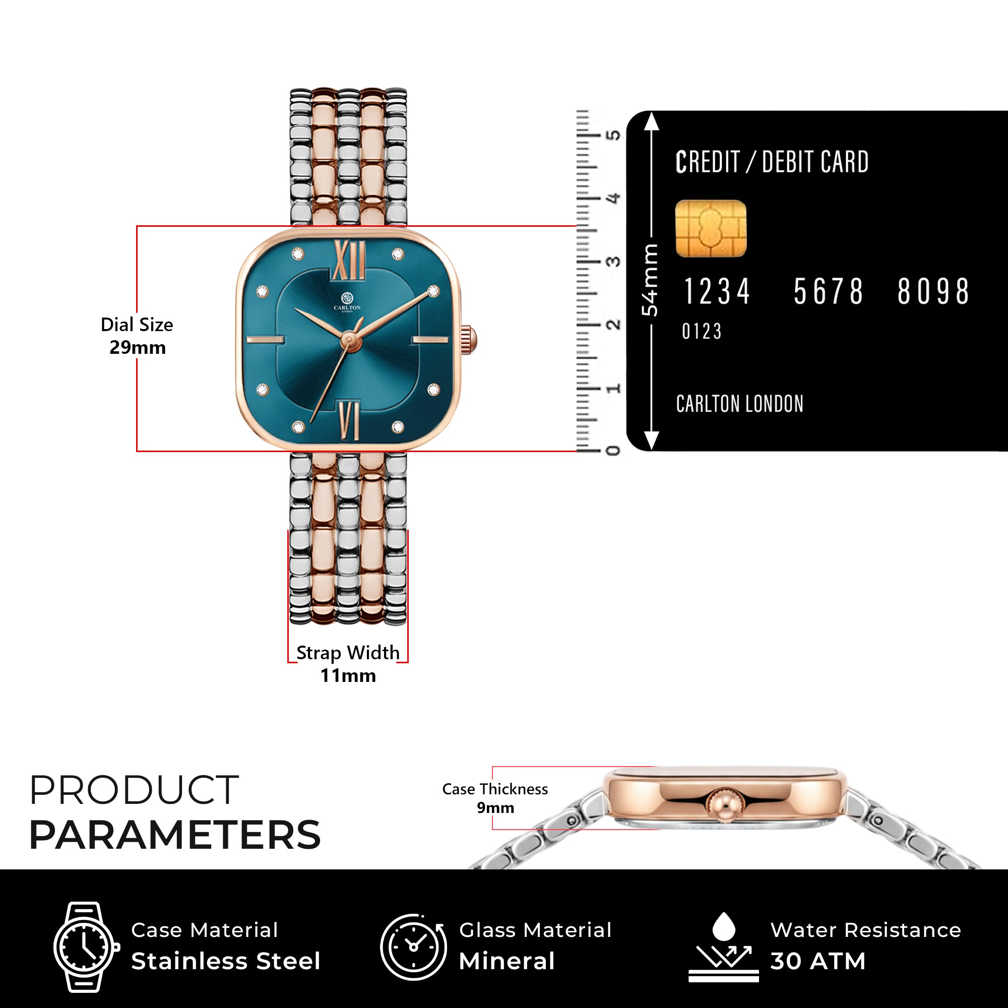 Carlton London Chelsea Women’s Watch – Turquoise Square Dial, Rose Gold Strap – CHELTRQ-A2